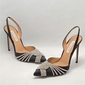 Aquazzura Gatsby Crystal-Embellished Satin Pumps size 38.5